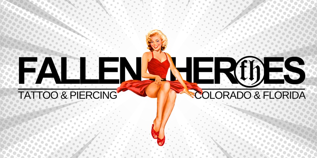 Fallen Heroes Tattoo & Piercing — pin-up lady in red sitting on the shop wordmark, Colorado & Florida